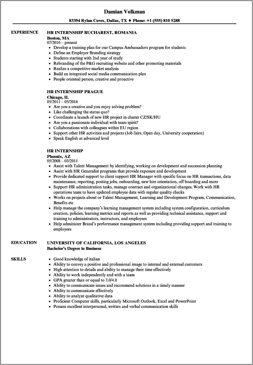 Sample Human Resources Resume For An Intern