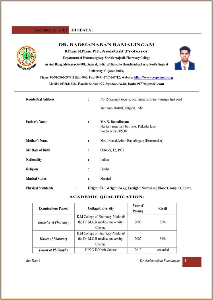 Sample Indian Resume For Applying In School