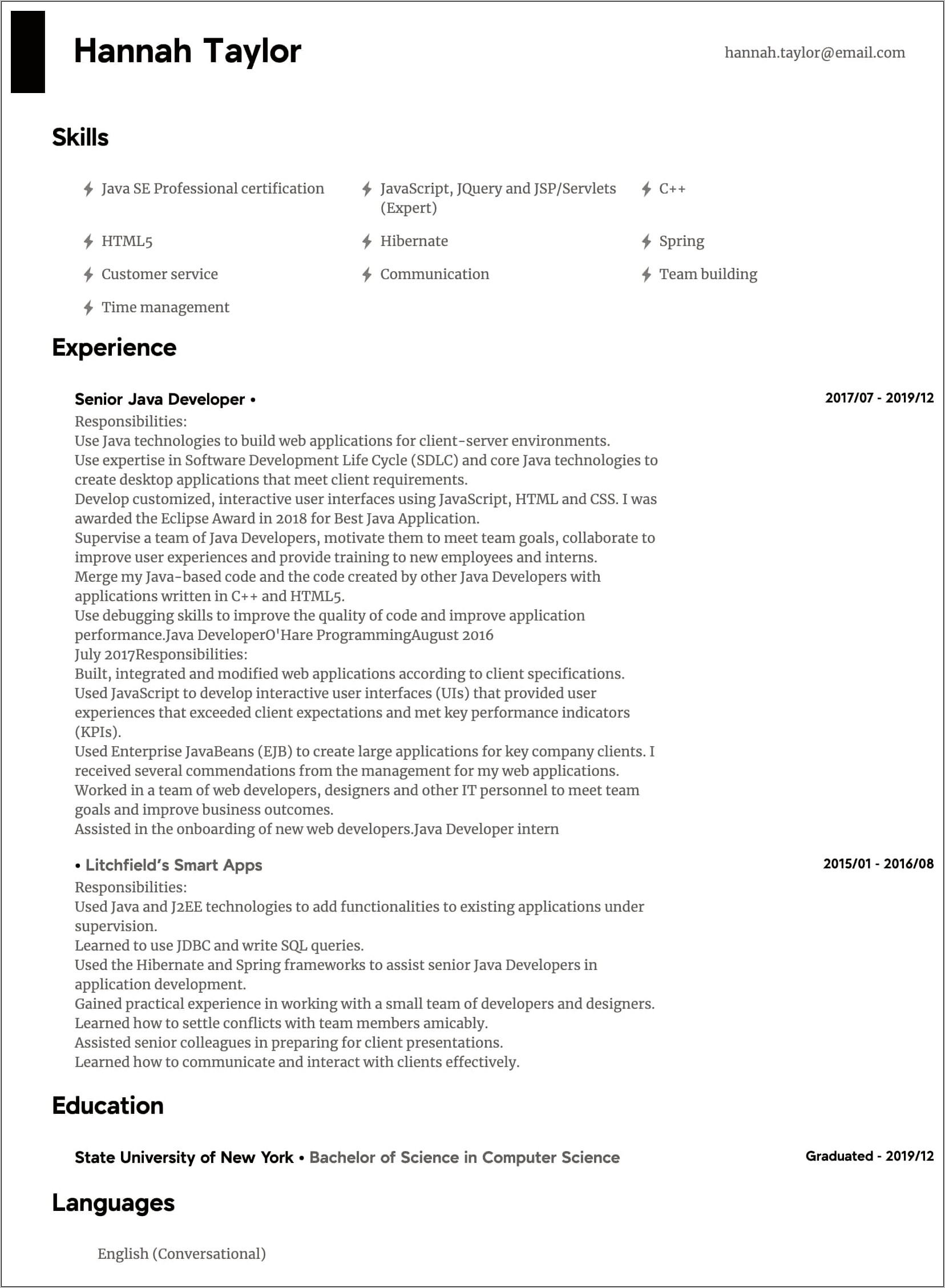Sample Java Resume For 10 Years Experience