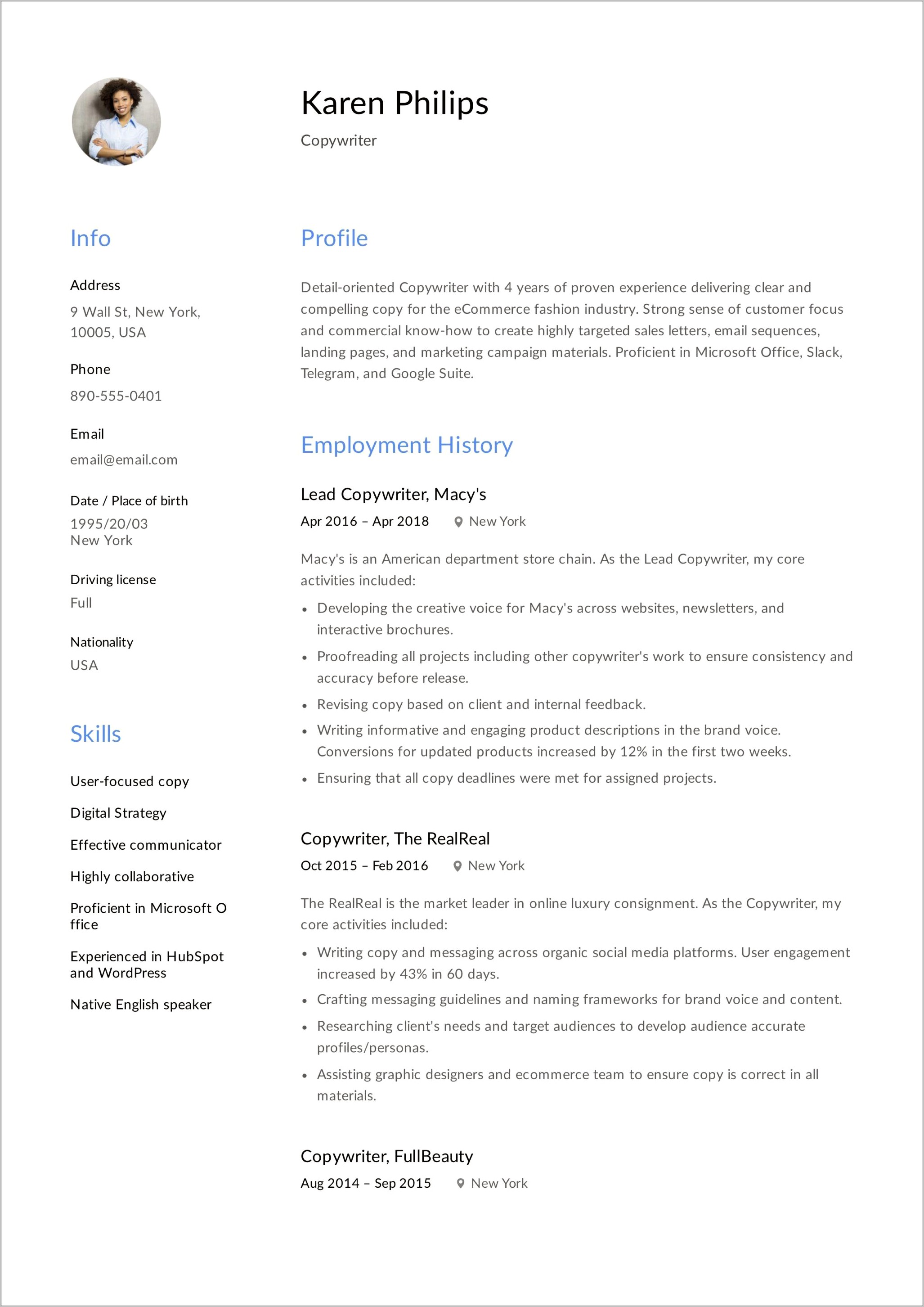 Sample Killer Summary Section For Resume For Copywriters