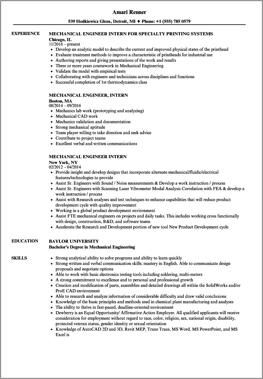 Sample Mechanical Engineering Resume With Co Op Experience