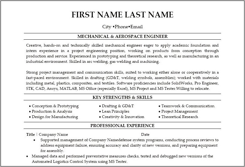 Sample Mid Levevl Aeronautical Engineering Resume