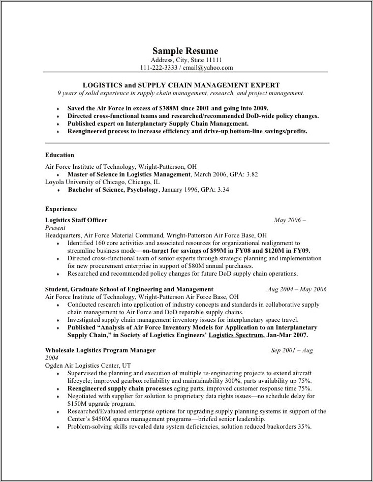 Sample Military Resume For Civilian Job