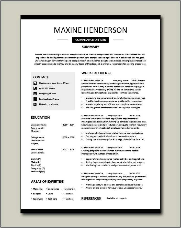 Sample Non Profit Director Of Compliance Resume