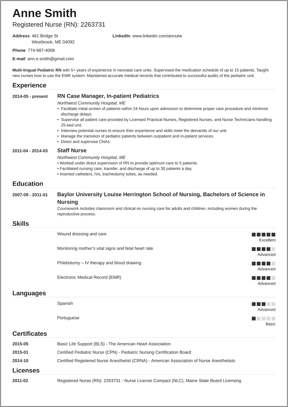 Sample Nurse Resume With One Year Experience