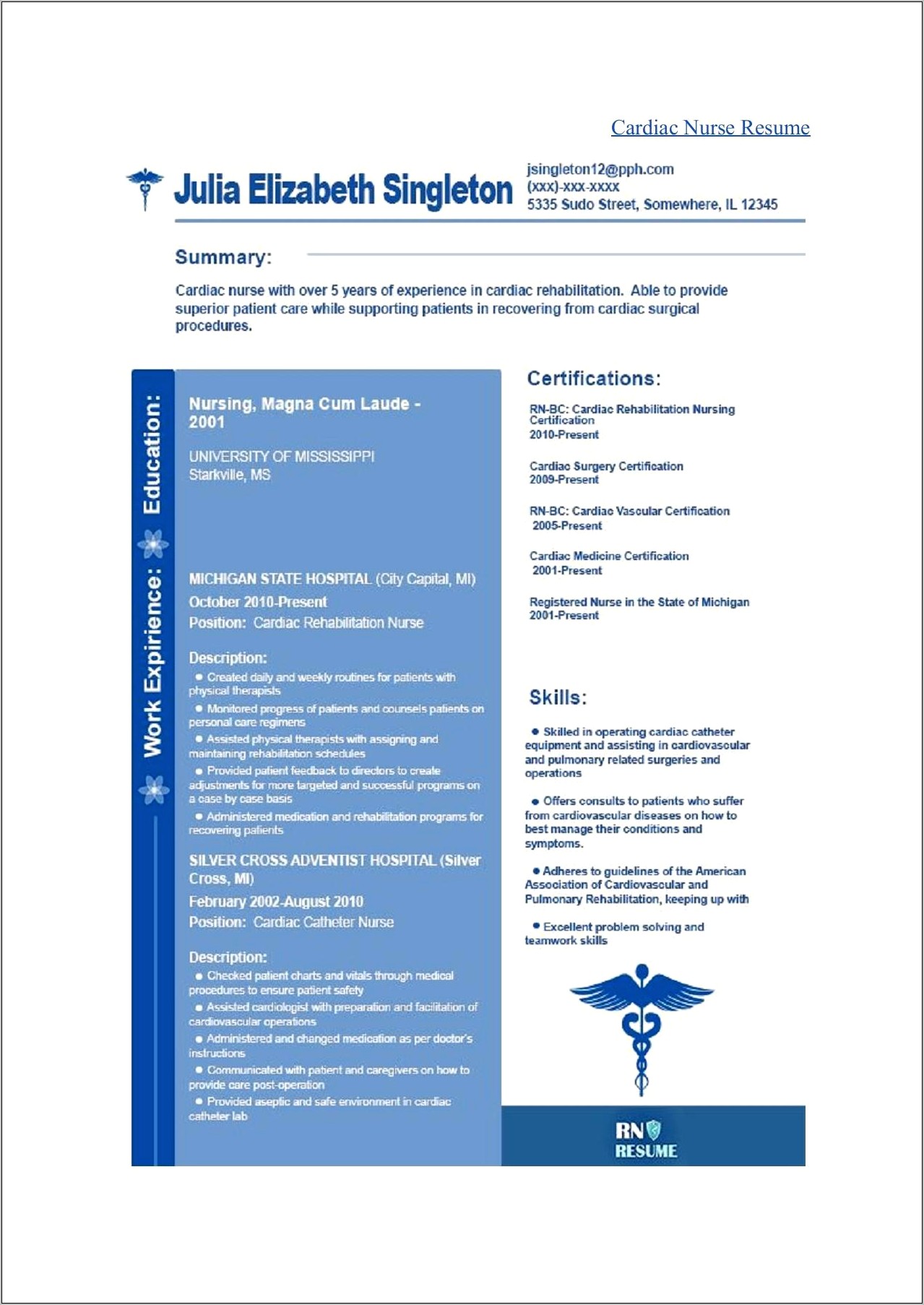 Sample Nursing Resume For Cardiac Cath Lab