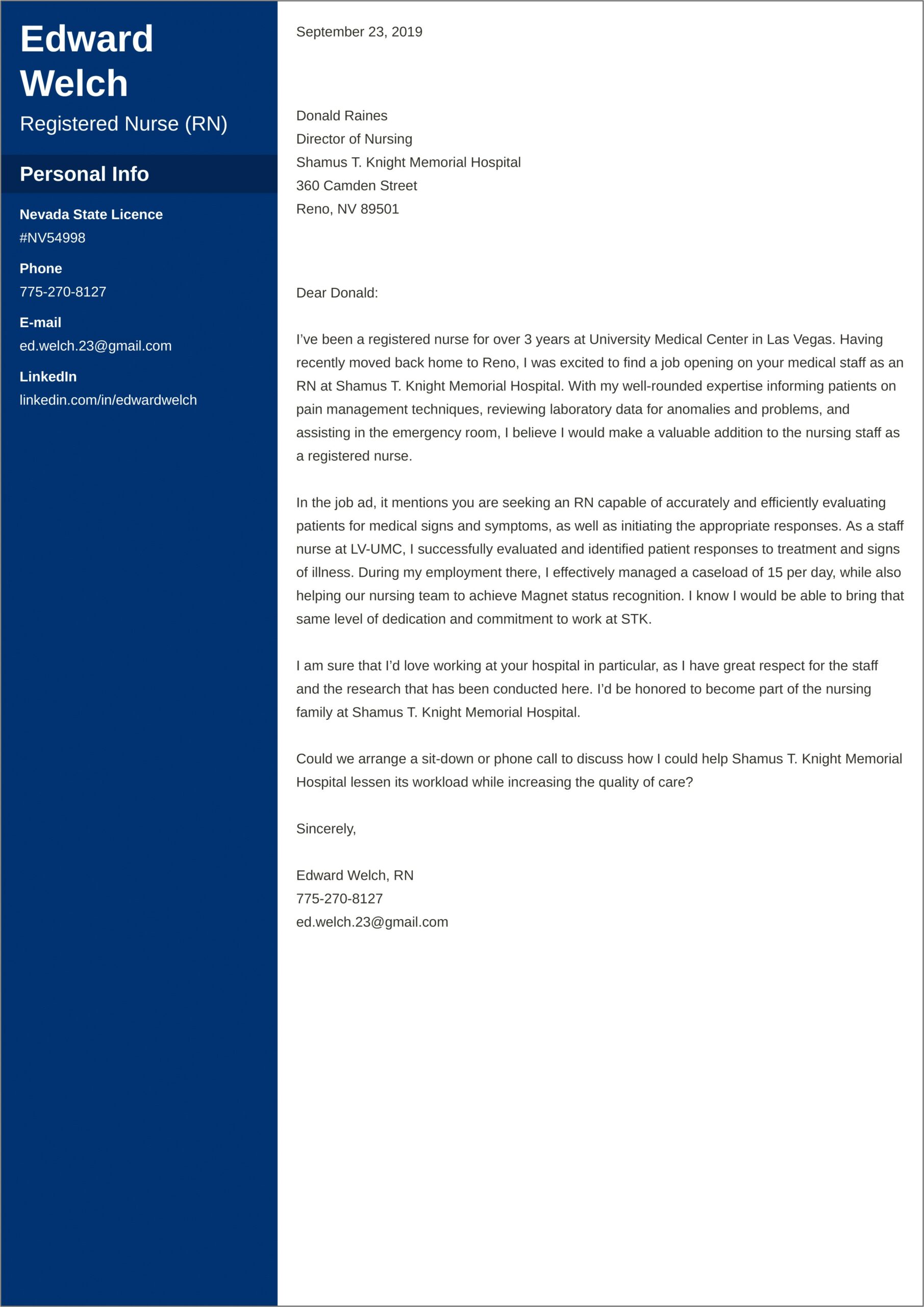 Sample Nursing Student Resume Cover Letter