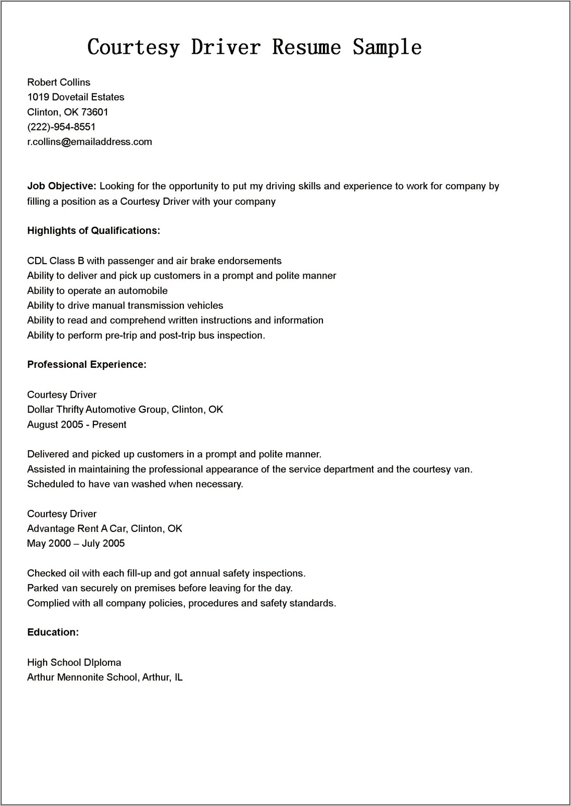 Sample Objective For A Cdl Driver Resume