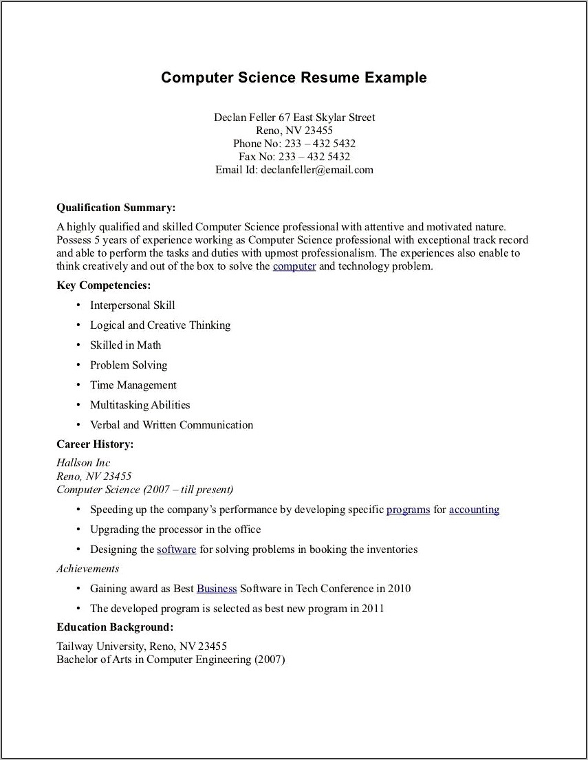 Sample Objective For Computer Science Resume