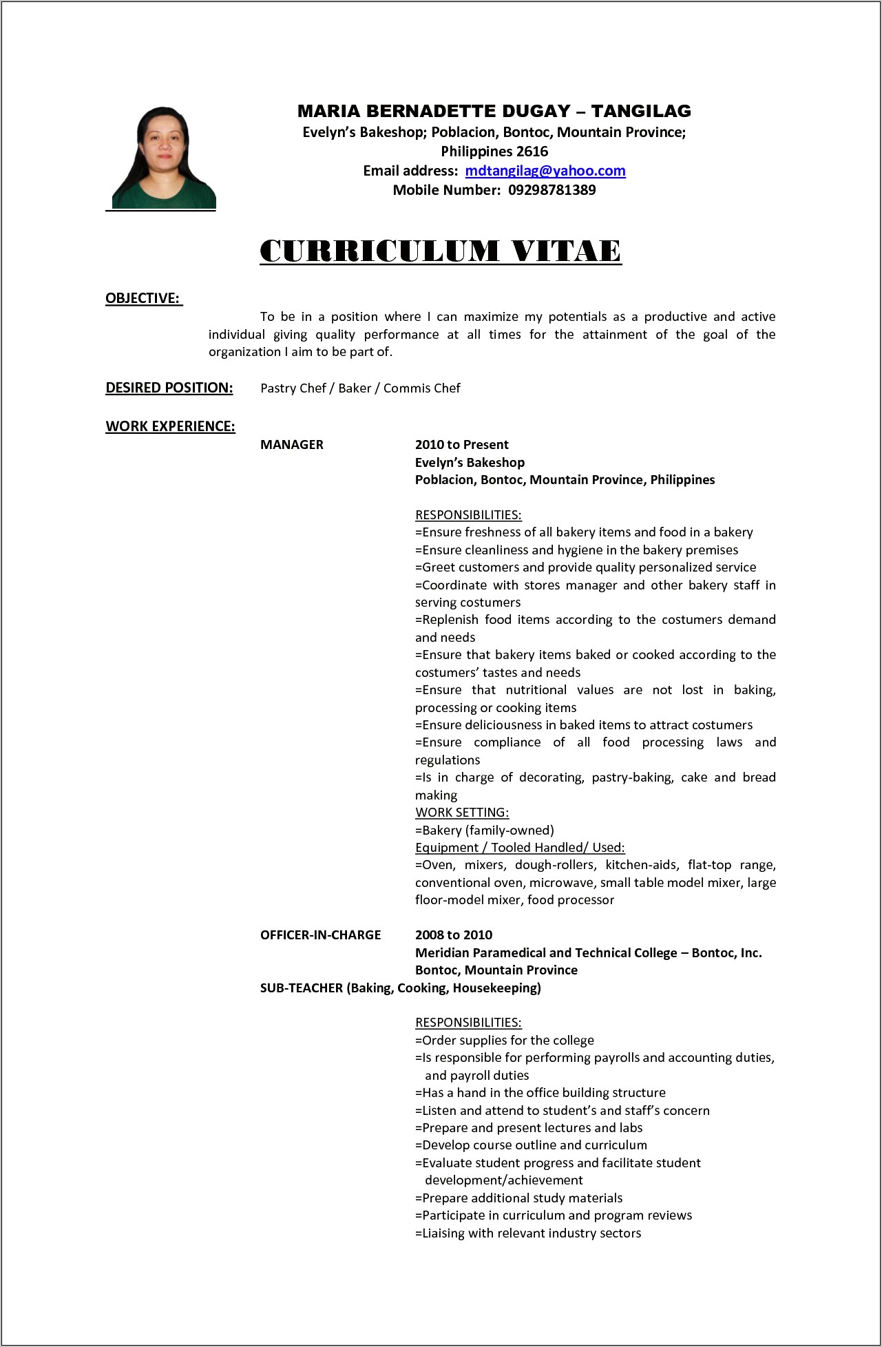 Sample Objective For Resume Cook Position