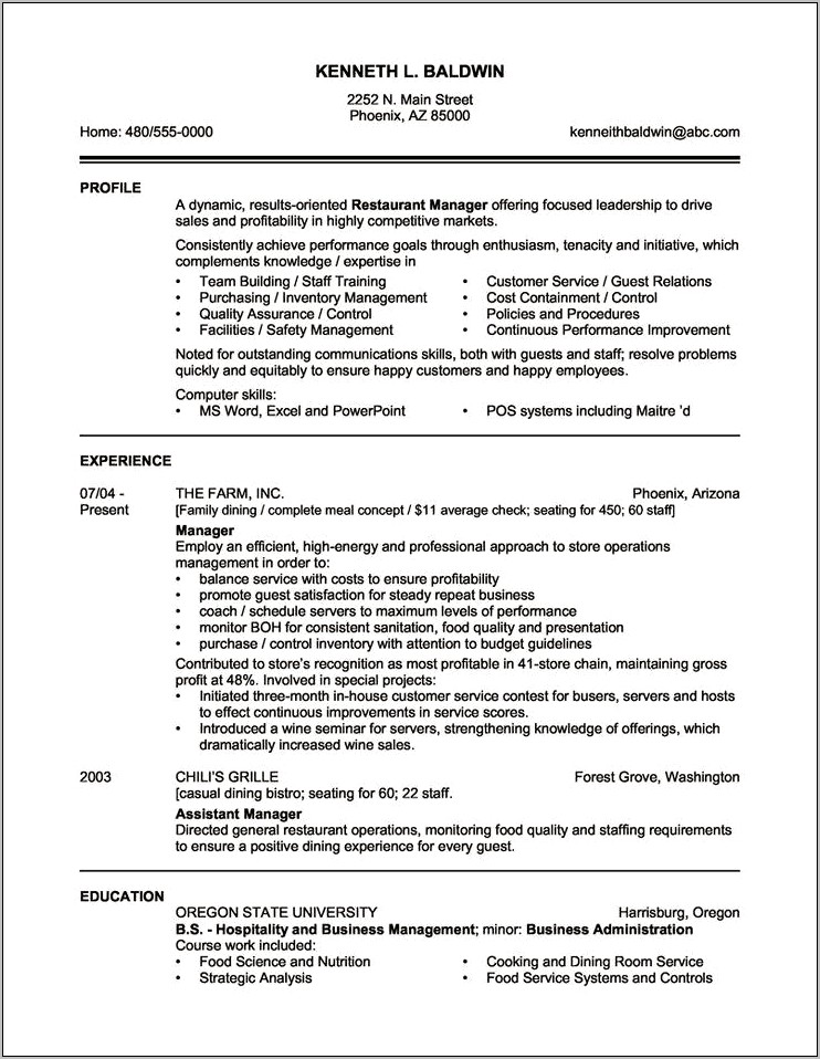 Sample Objective For Resume For Food Service