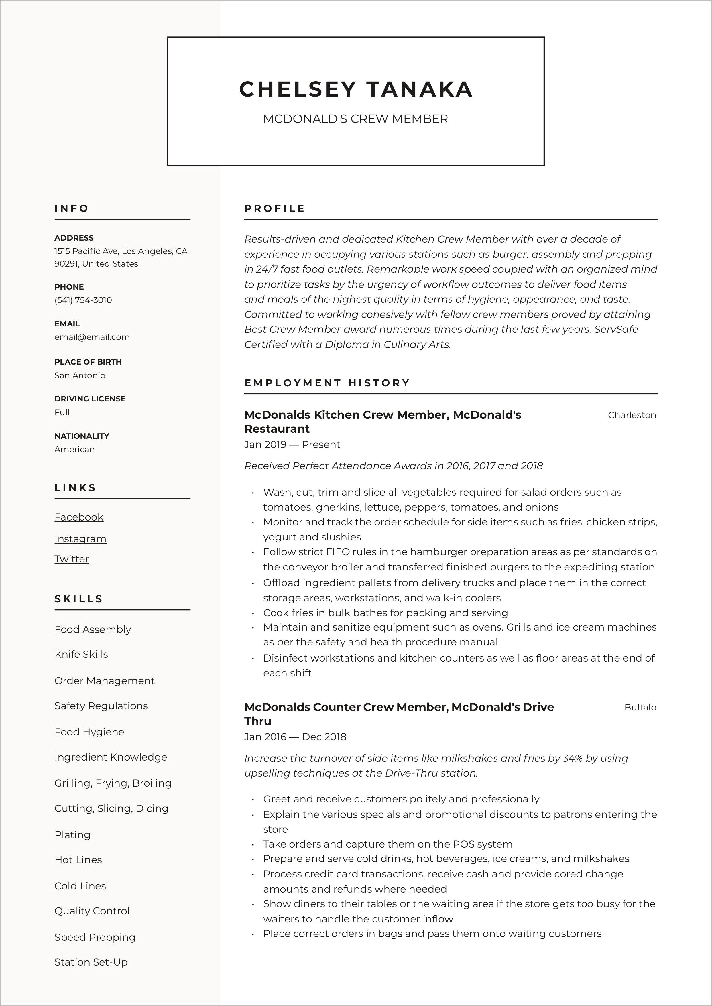 example objectives in resume for service crew