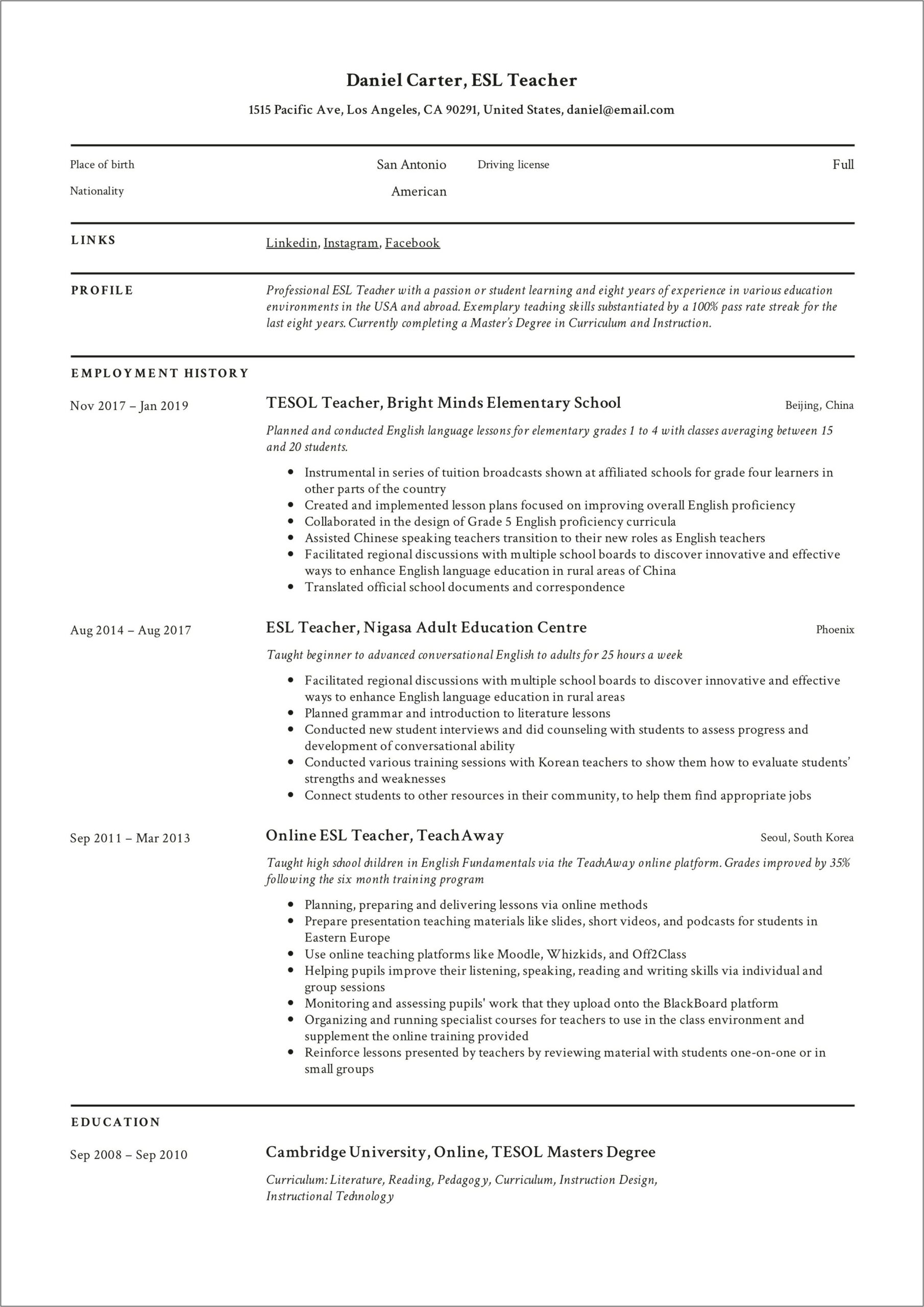 Sample Objective Of Resume For Teachers