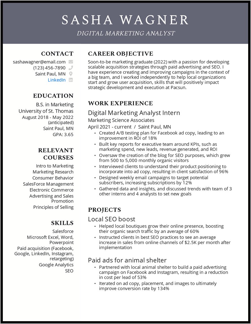 Sample Objective Statements For College Application Resume
