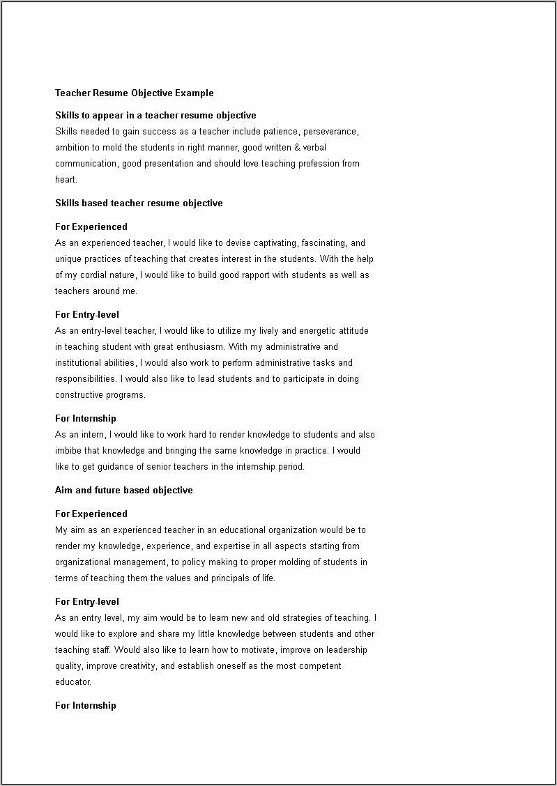 Sample Objectives For A Teacher Resume