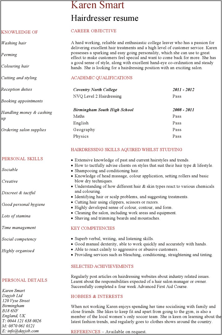 Sample Objectives For Hair Stylists Resume