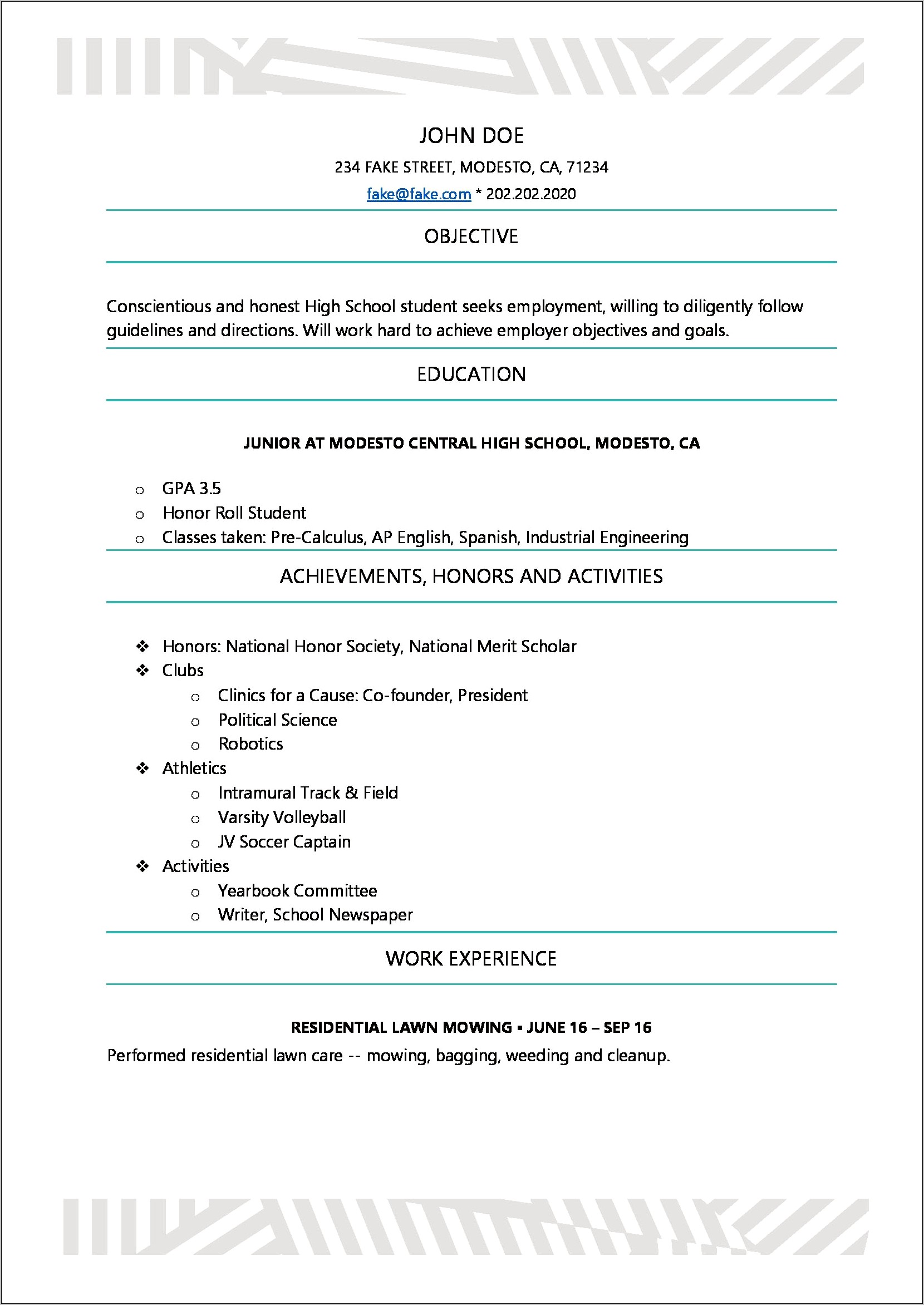 Sample Objectives For Resumes High School Student