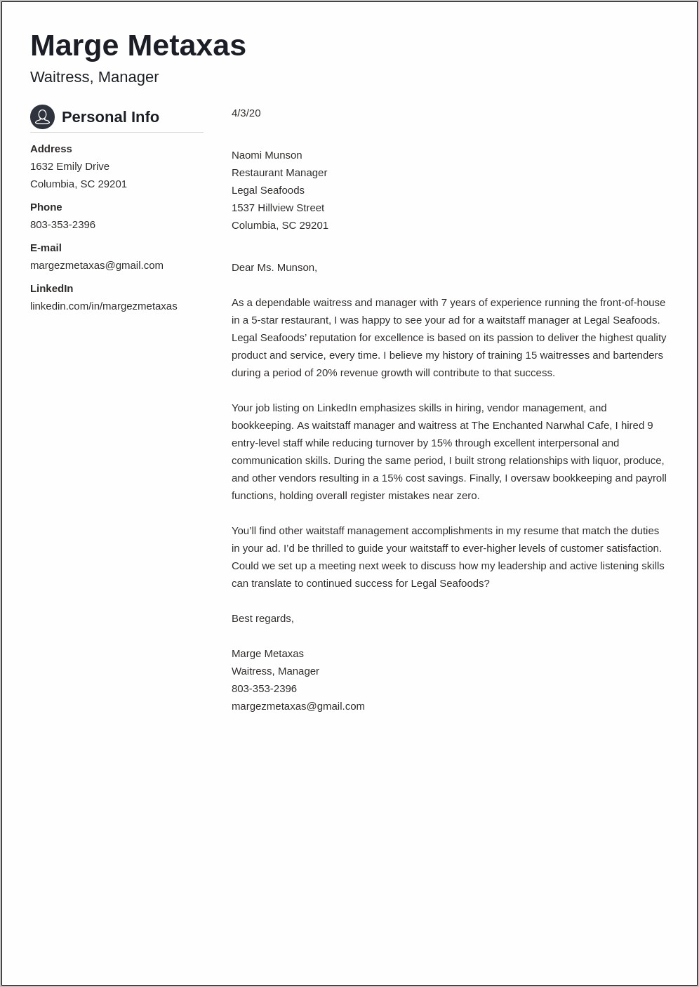 Sample Of A Kitchen Manager Resume Cover Letter
