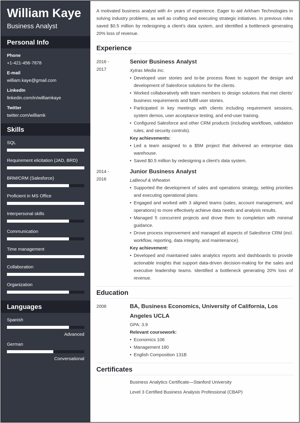 Sample Of A Professional Business Resume