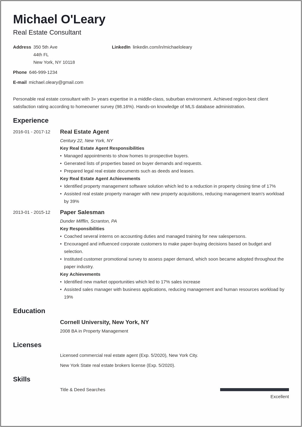 Sample Of A Realtor's Resume