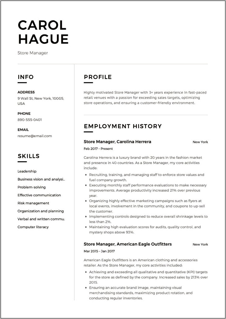 Sample Of A Retail District Manager Resume