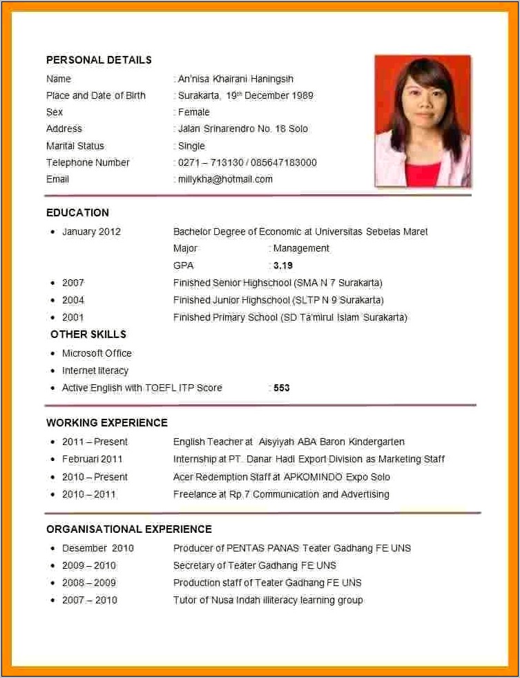 Sample Of Applicant Resume With Work Experience