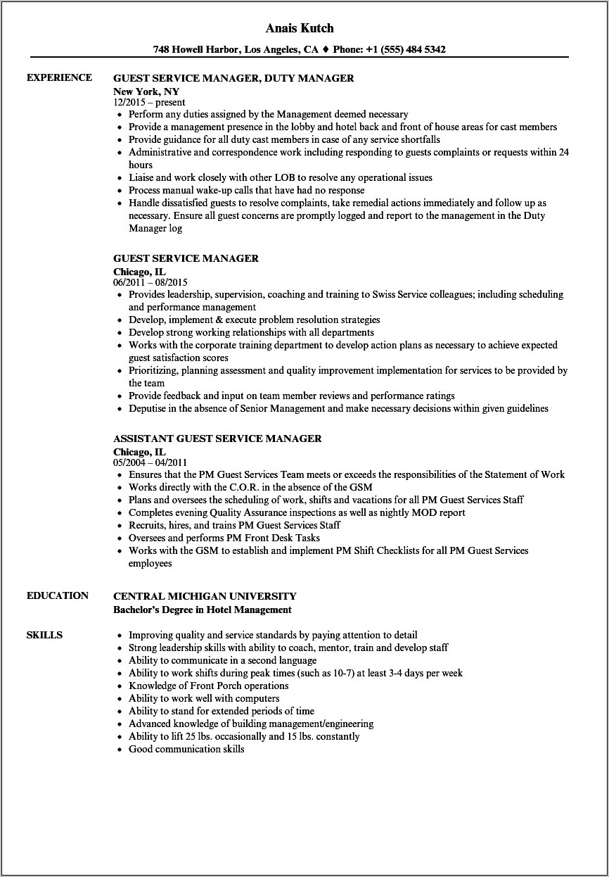 Sample Of Best Resume For Guest Service Manager