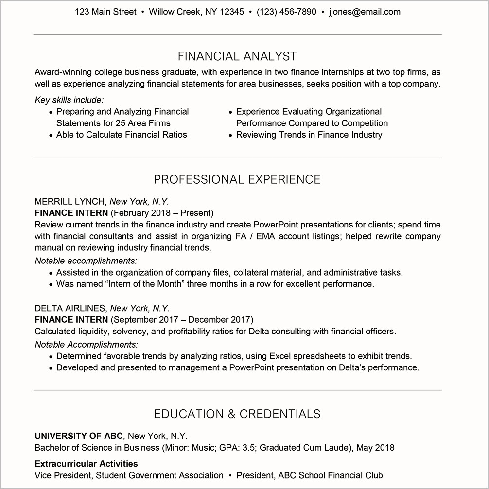 Sample Of College Student Resume For Internship