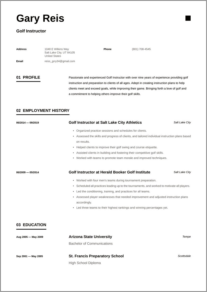 Sample Of Golf Resume For Job Application