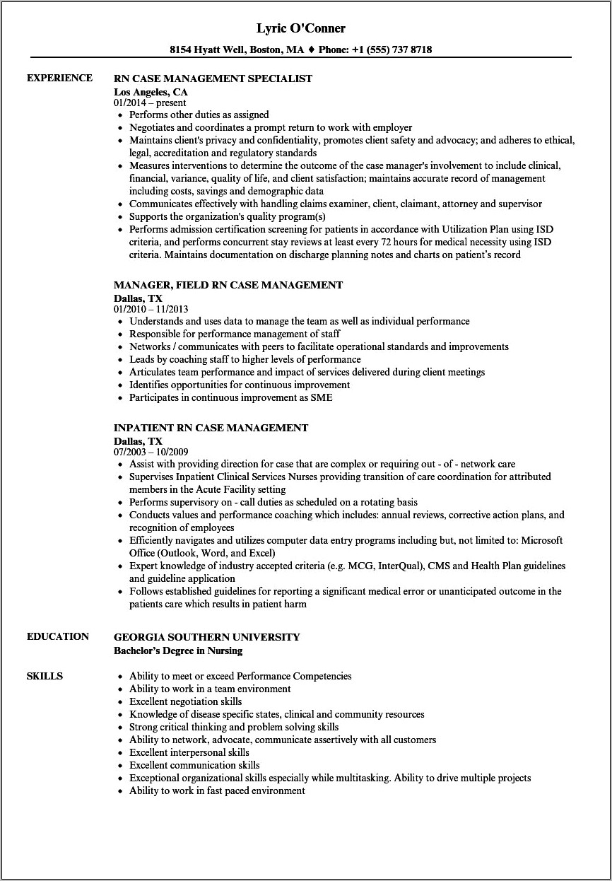 Sample Of Hospice Case Manager Resume