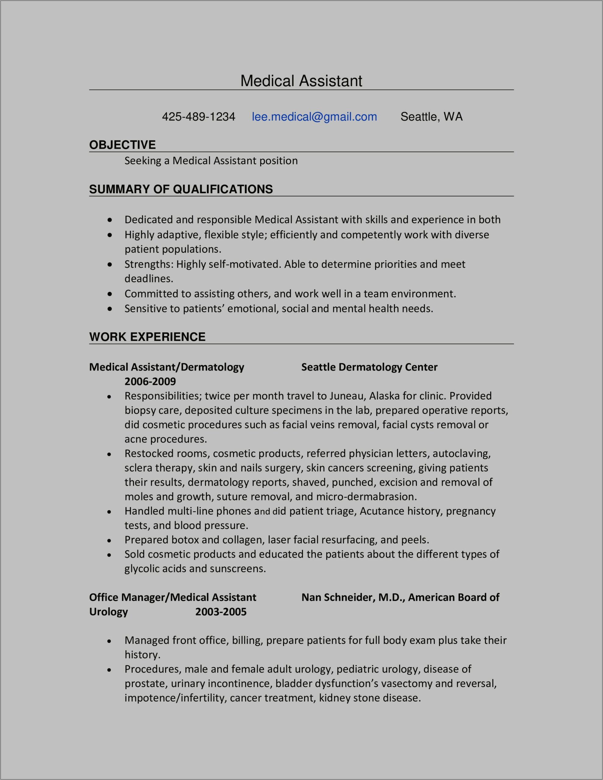 Sample Of Medical Assistant Resume With No Experience