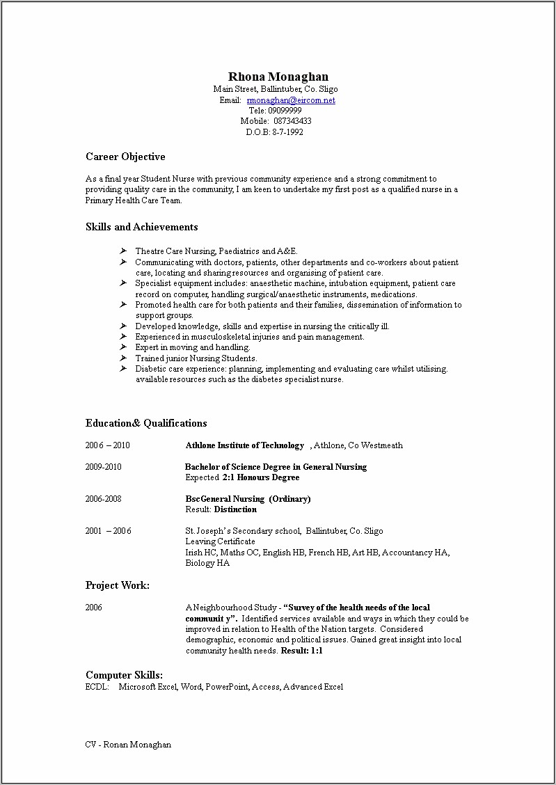 Sample Of New Nursing Student Resume