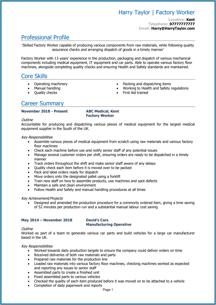 Sample Of Objectives For Assembly Line Worker Resume