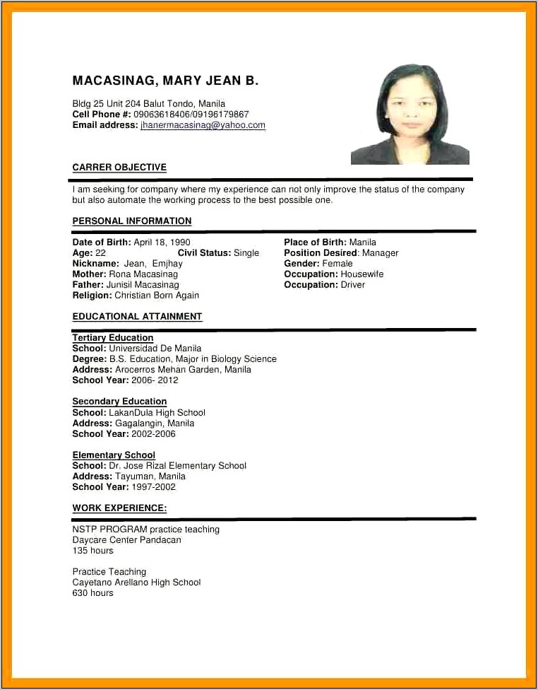 Sample Of Position Desired On Resume