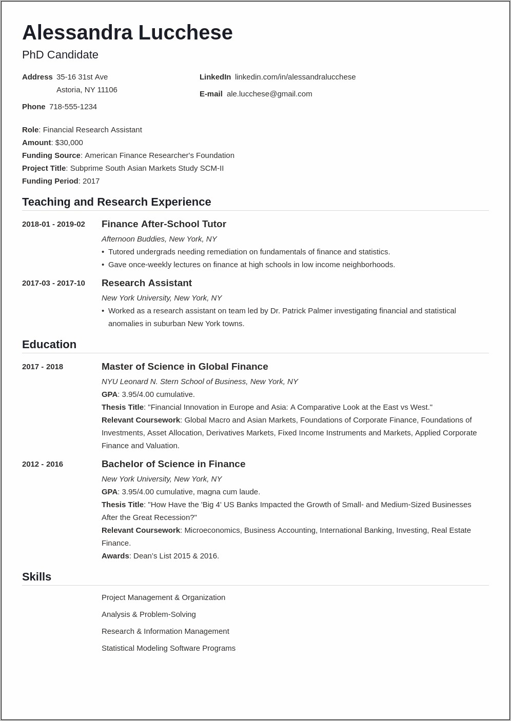 Sample Of Post Masters Degree Resume