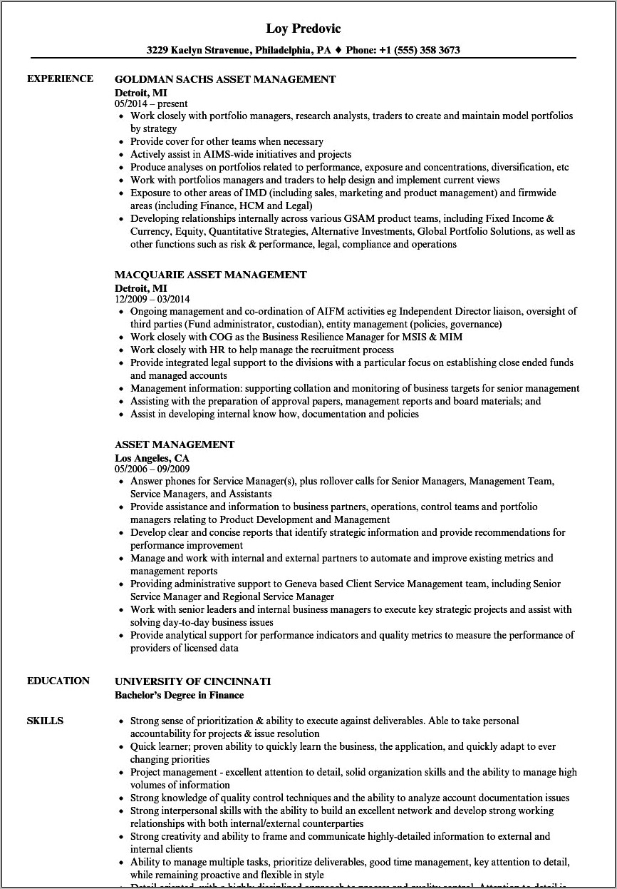 Sample Of Reo Asset Manager Resume