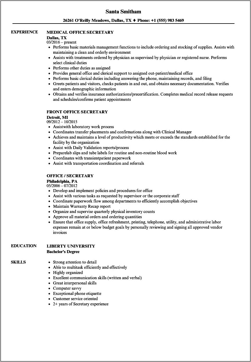 Sample Of Resume As A Secretary
