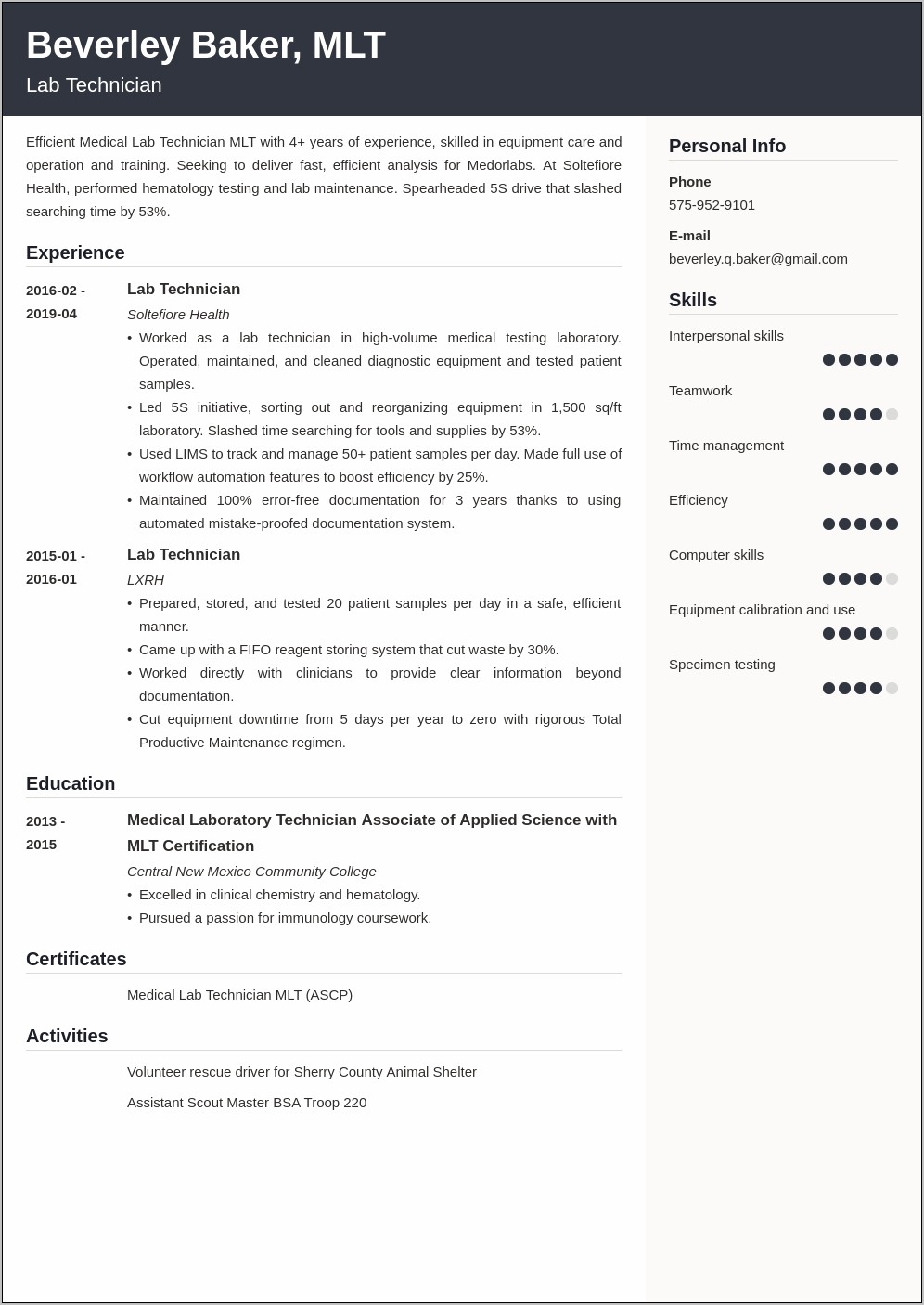 Sample Of Resume Clinical Laboratory Scientist
