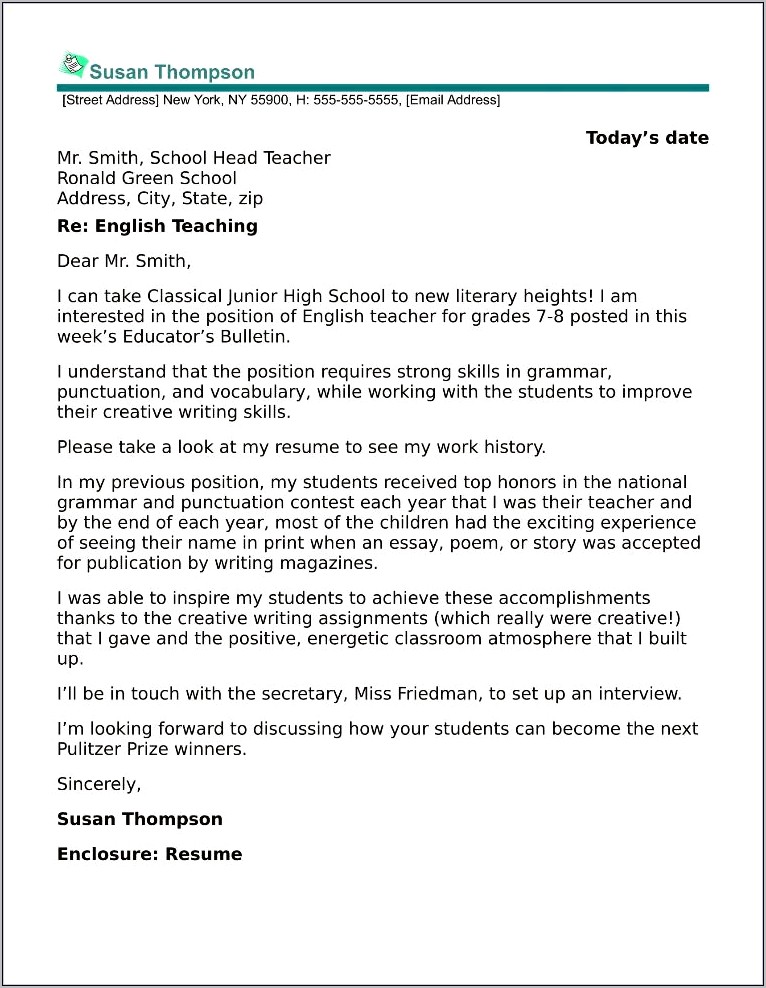Sample Of Resume Cover Letter For Teacher