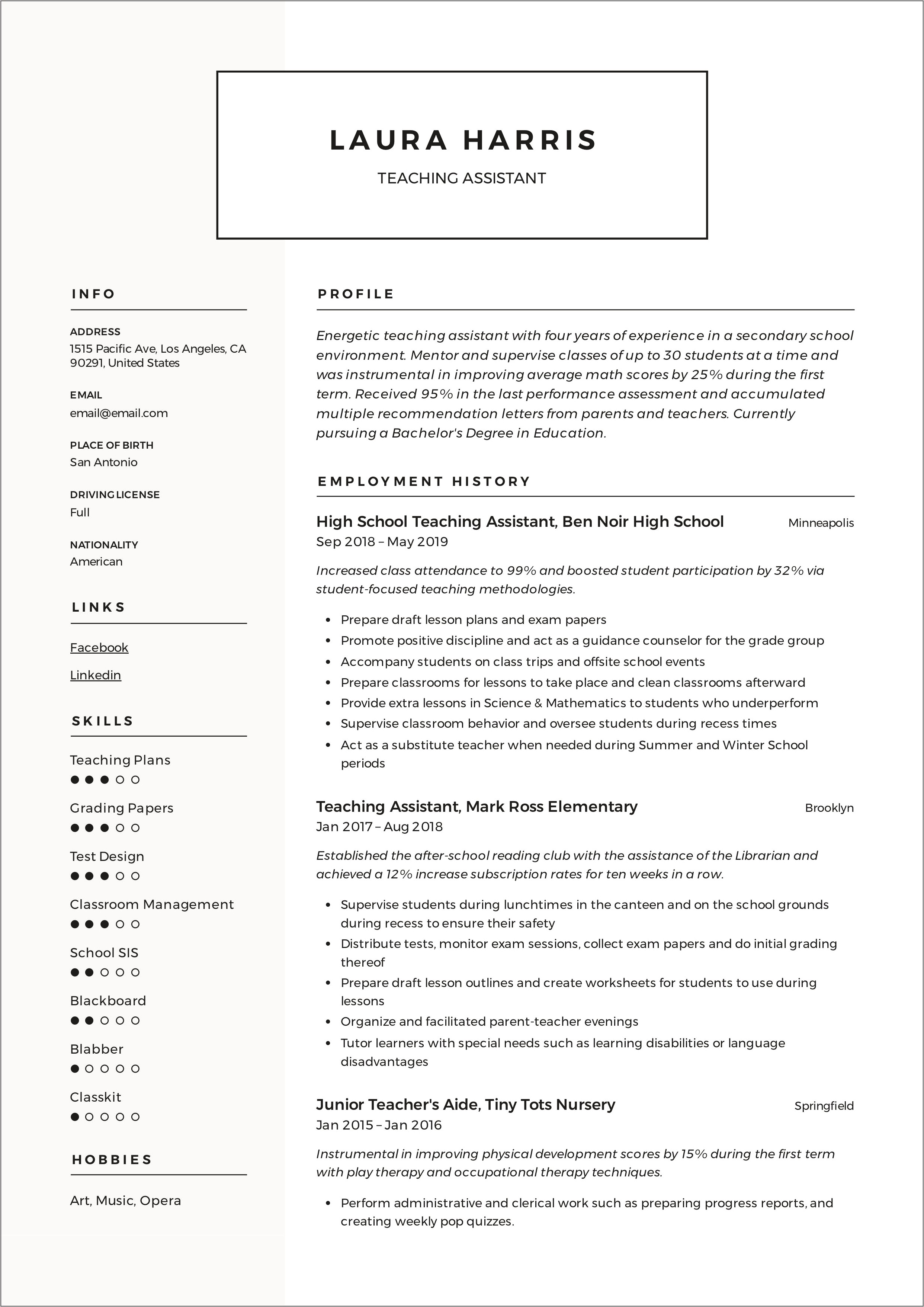 Sample Of Resume Description Of Ec Teacher