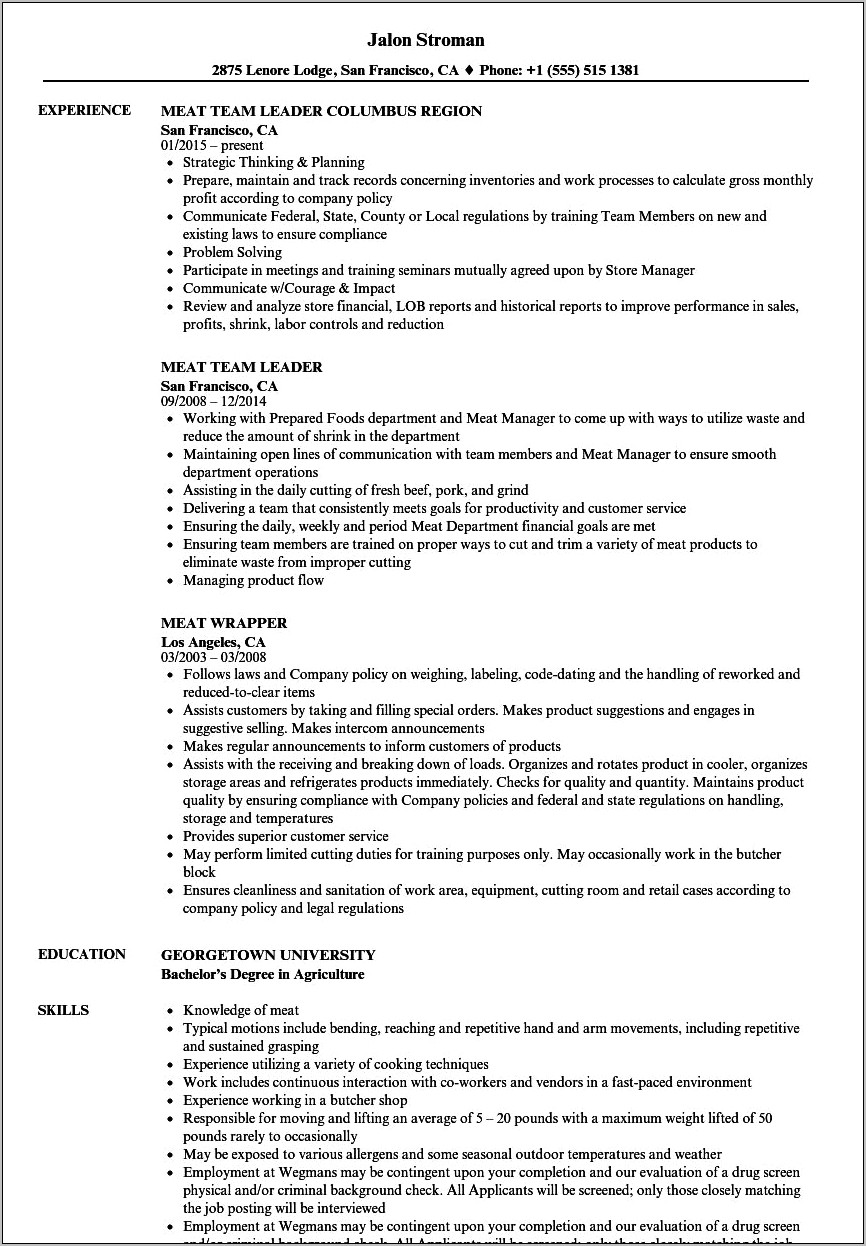 Sample Of Resume For Chicken Plant Trainee