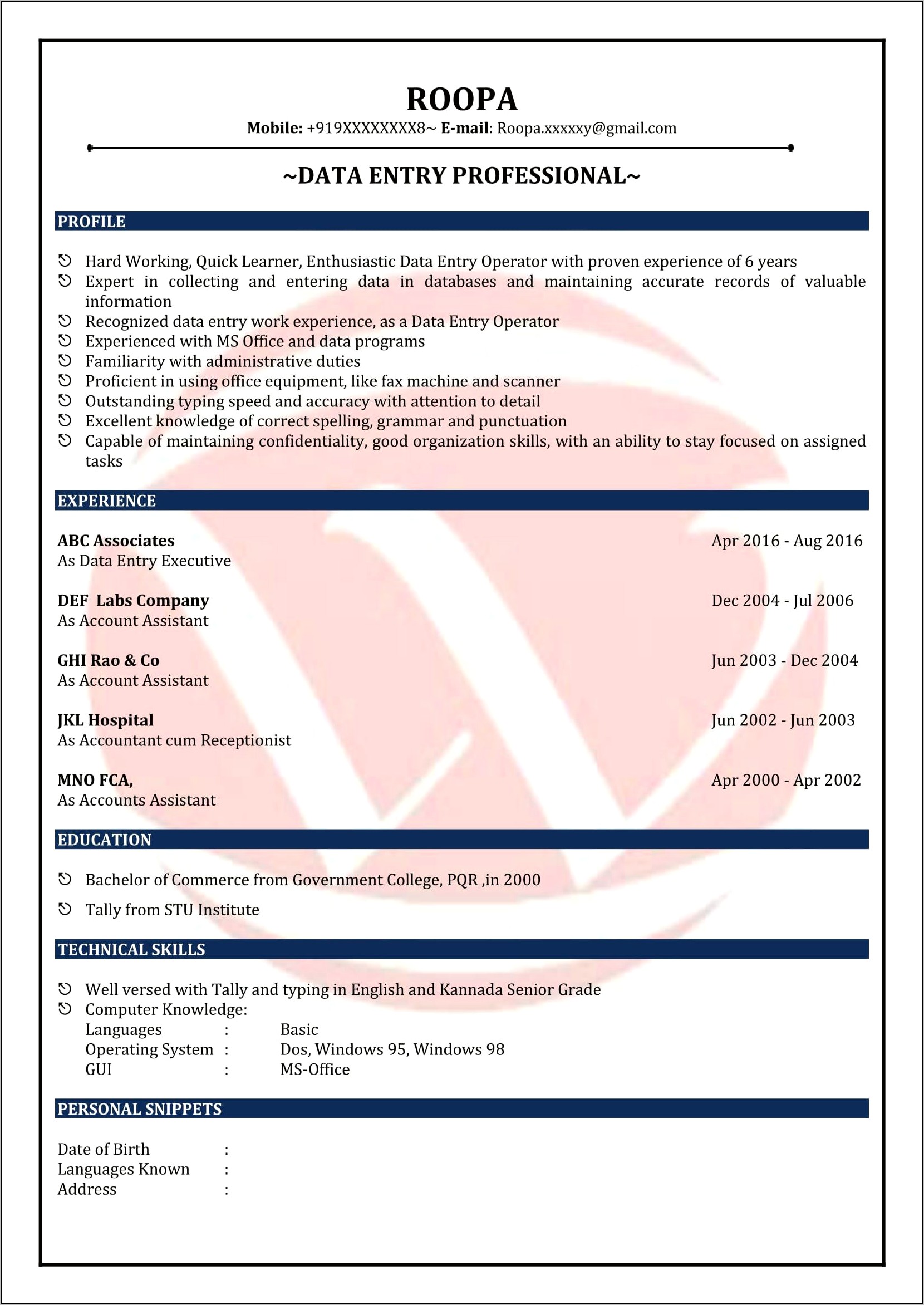 Sample Of Resume For Computer Operator