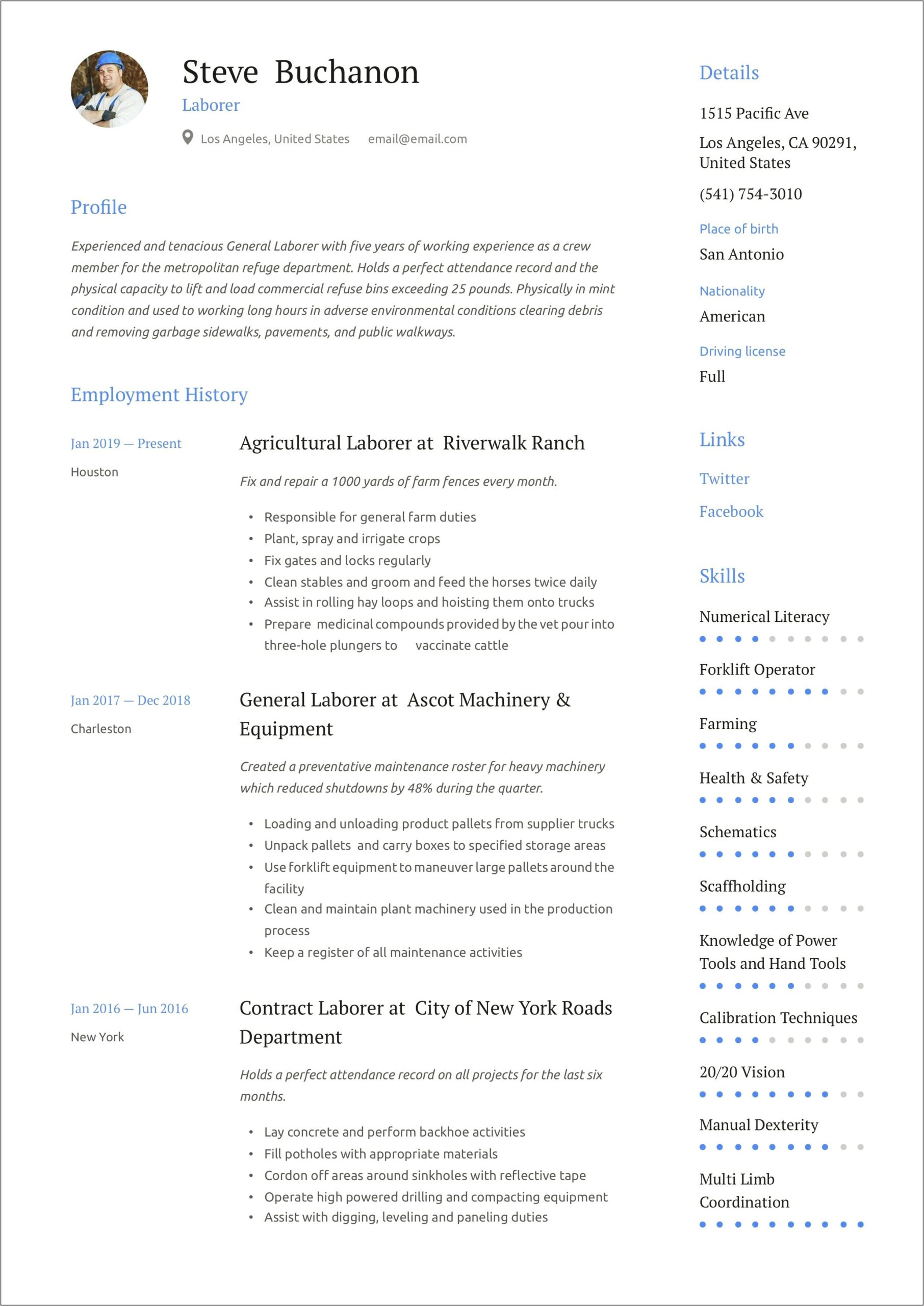 Sample Of Resume For General Labor