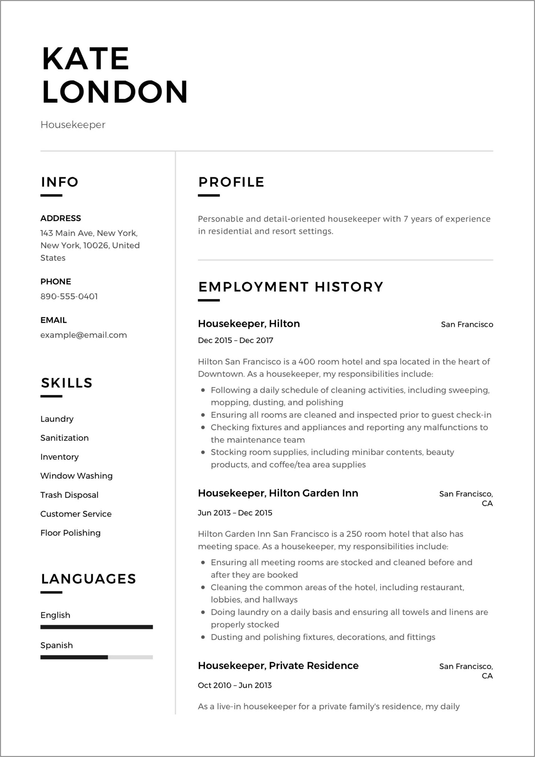 Sample Of Resume For Hotel Housekeeper