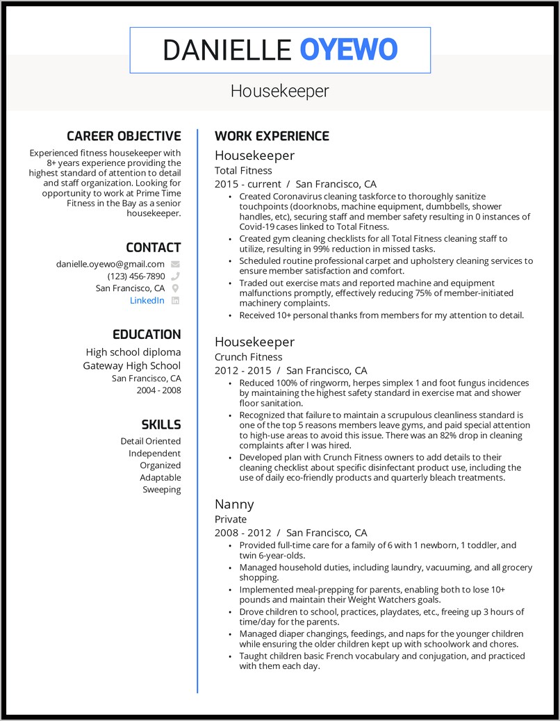 Sample Of Resume For House Keeper