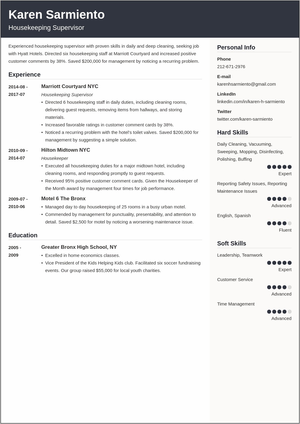 Sample Of Resume For Housekeeping Supervisor