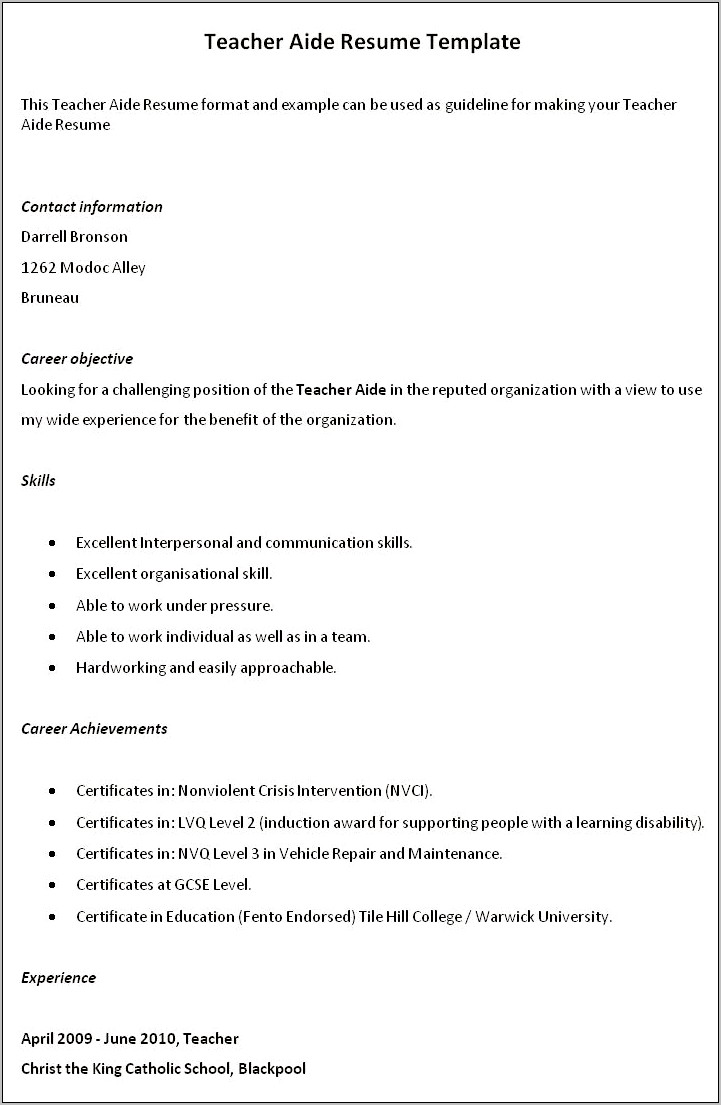 Sample Of Resume For Instuctional Assistant At University