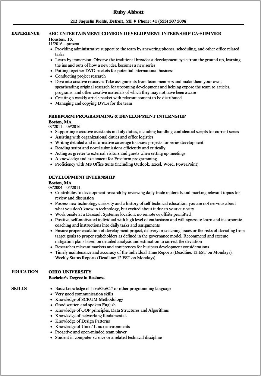 Sample Of Resume For Ist Internship
