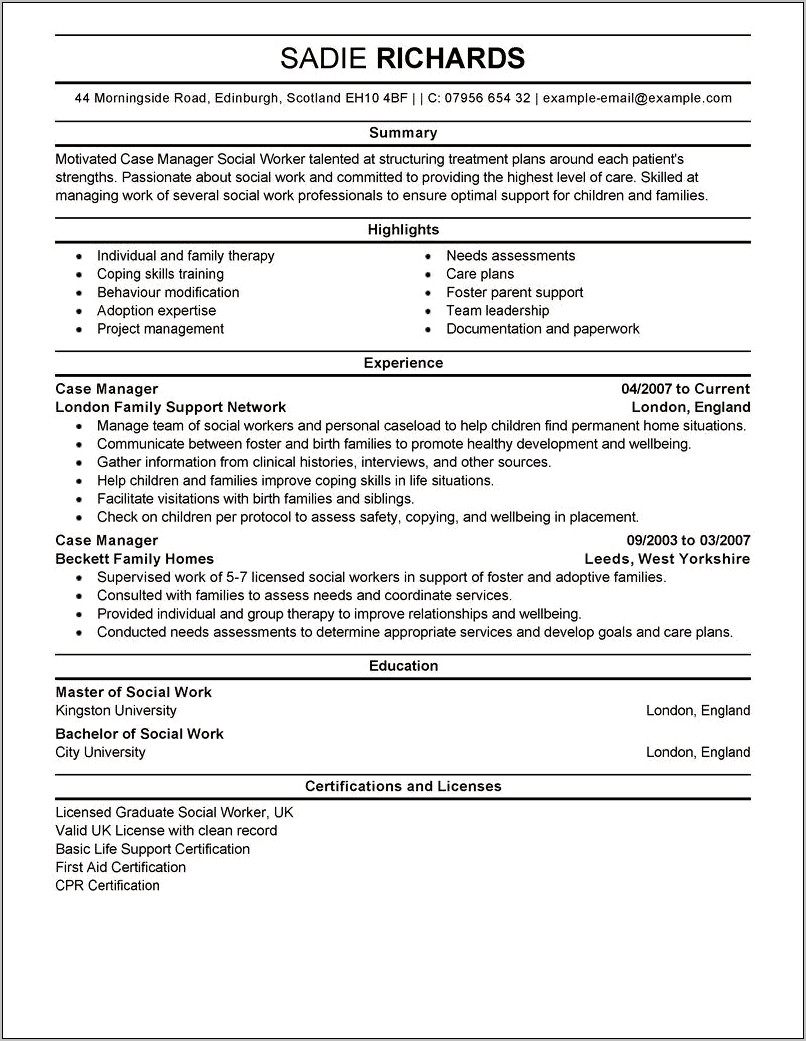 Sample Of Resume For Job As Case Worker