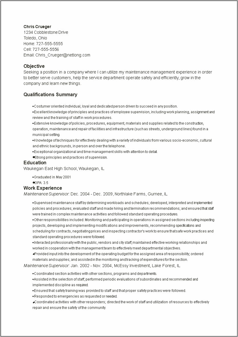 Sample Of Resume For Maintenance Supervisor